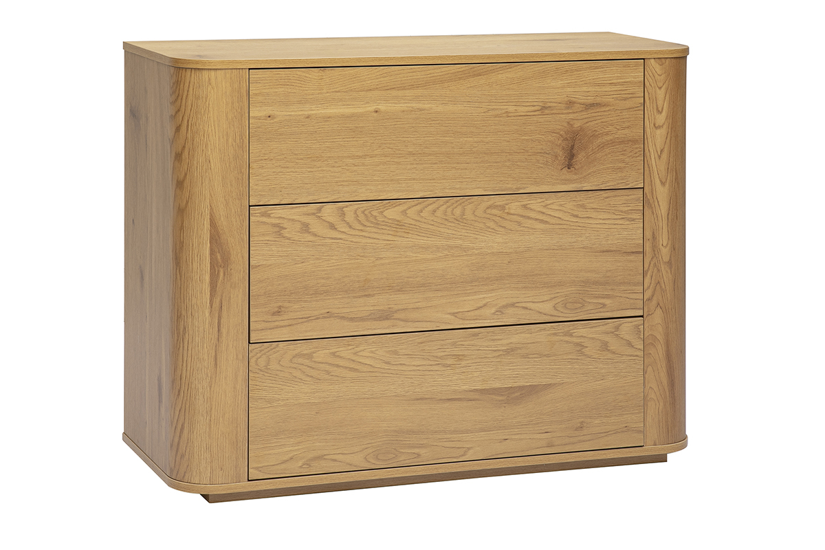 Kommode NEGAN aus hellem Holz-Eiche, 3 Schubladen, Ansicht von 3/4.