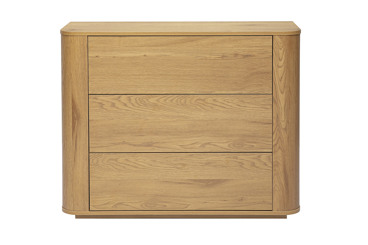 Kommode aus hellem Holz Eiche mit 3 Schubladen, Ansicht von vorne.