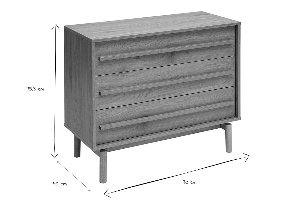 Kommode mit Eichenholz-Finish, 3 Schubladen, 3/4-Ansicht mit in Schwarz und Wei� angegebenen Ma�en.
