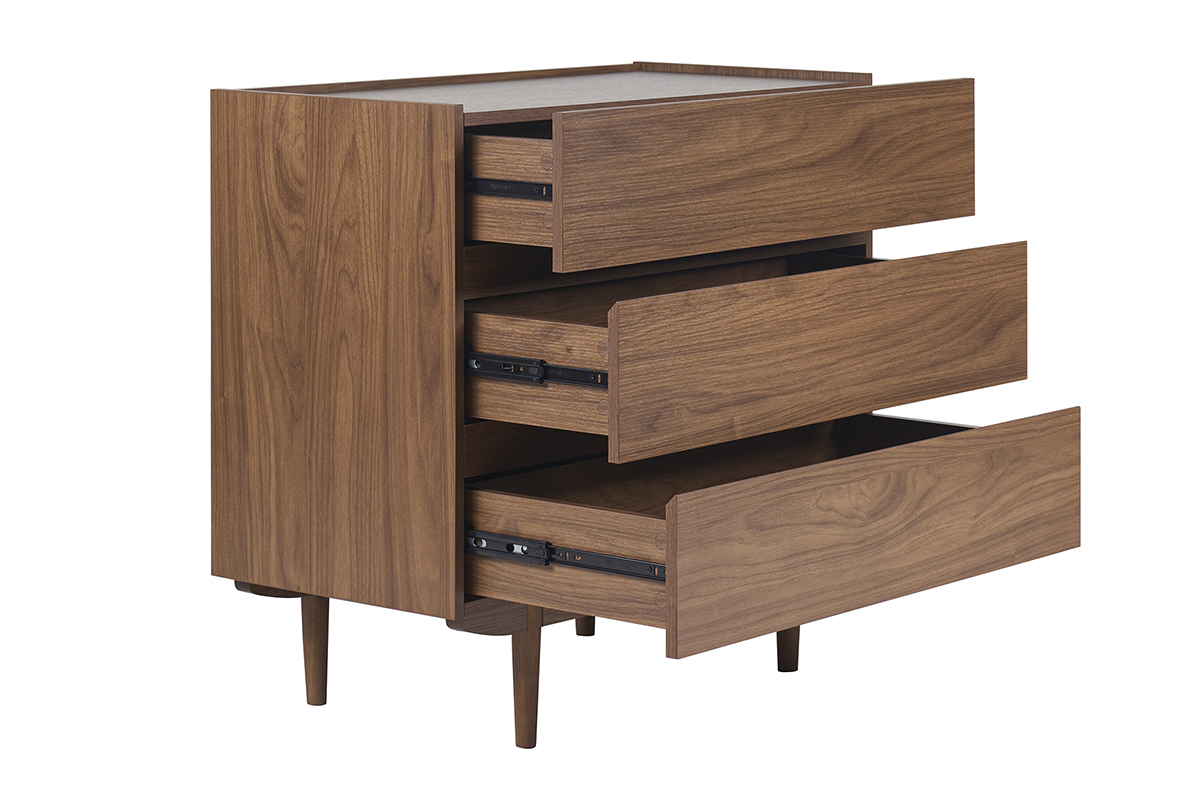 Dunkle Nussbaum SANAA Kommode mit drei offenen Schubladen, Seitenansicht.