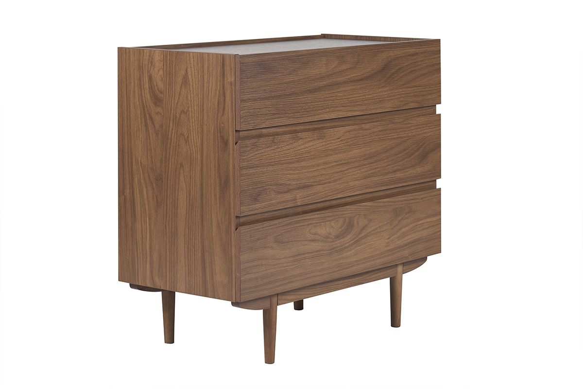 Kommode SANAA aus dunklem Nussholz, 3 Schubladen, 3/4 Ansicht, konisch zulaufende Beine.