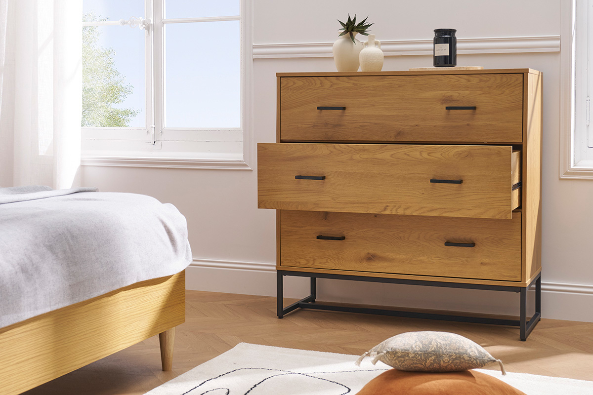 Kommode mit 3 Schubladen in hellem Eichenholzfinish und schwarzem Metall B100 cm LOVATO