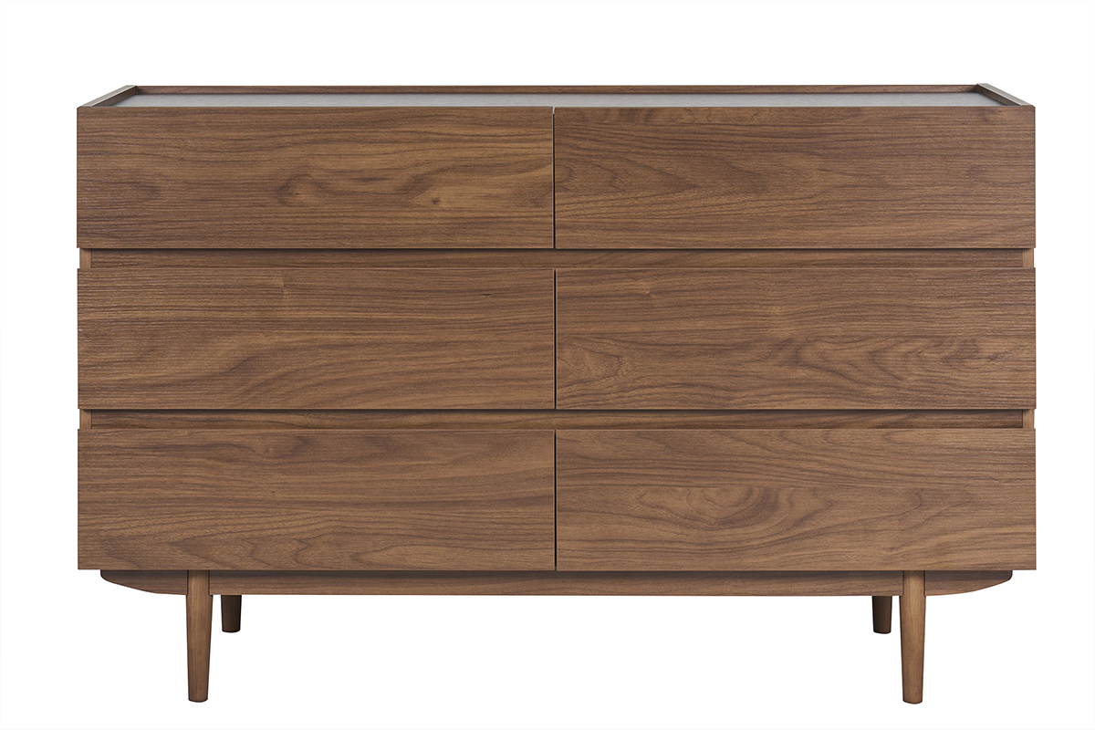 Dunkle Walnussholz Kommode mit 6 Schubladen, Frontansicht, auf konischen Beinen.