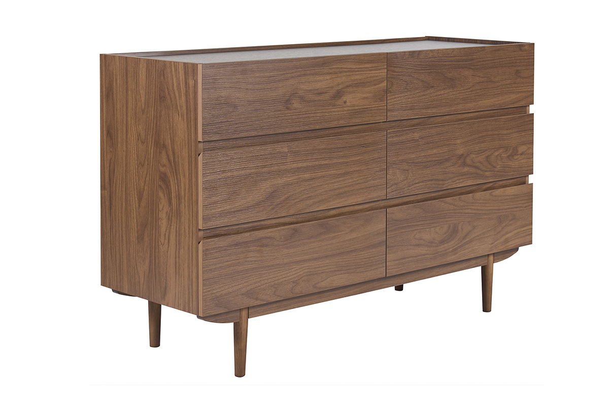 Dunkle Walnussholz-Kommode mit 6 Schubladen, Dreiviertelansicht.