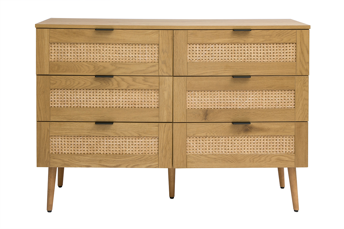 Kommode mit heller Holzoberfl�che, Rattan und schwarzem Metall, 6 Schubladen L120 cm MANILLE