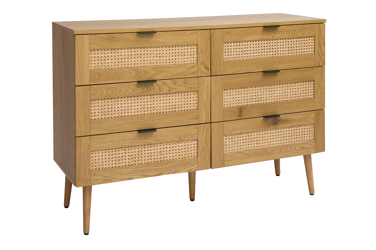 Kommode mit heller Holzoberfl�che, Rattan und schwarzem Metall, 6 Schubladen L120 cm MANILLE