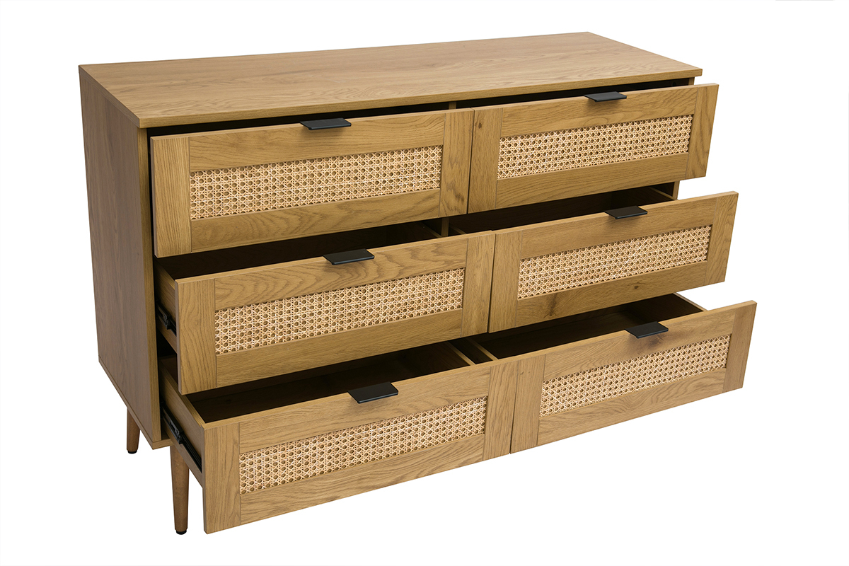 Kommode mit heller Holzoberfl�che, Rattan und schwarzem Metall, 6 Schubladen L120 cm MANILLE