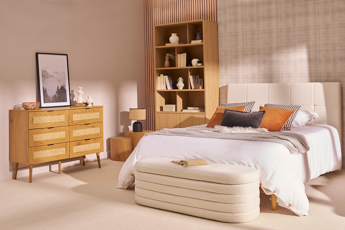 Kommode mit heller Holzoberfl�che, Rattan und schwarzem Metall, 6 Schubladen L120 cm MANILLE