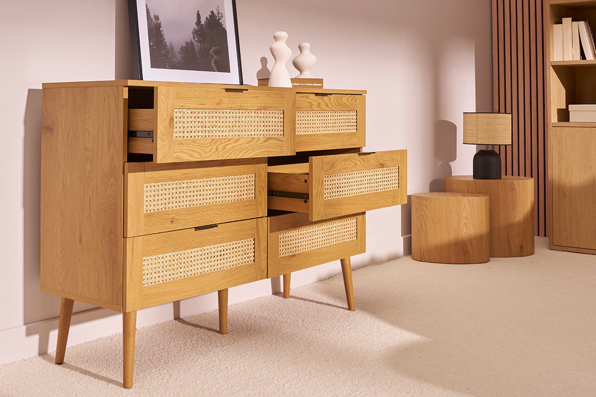 Kommode mit heller Holzoberfl�che, Rattan und schwarzem Metall, 6 Schubladen L120 cm MANILLE