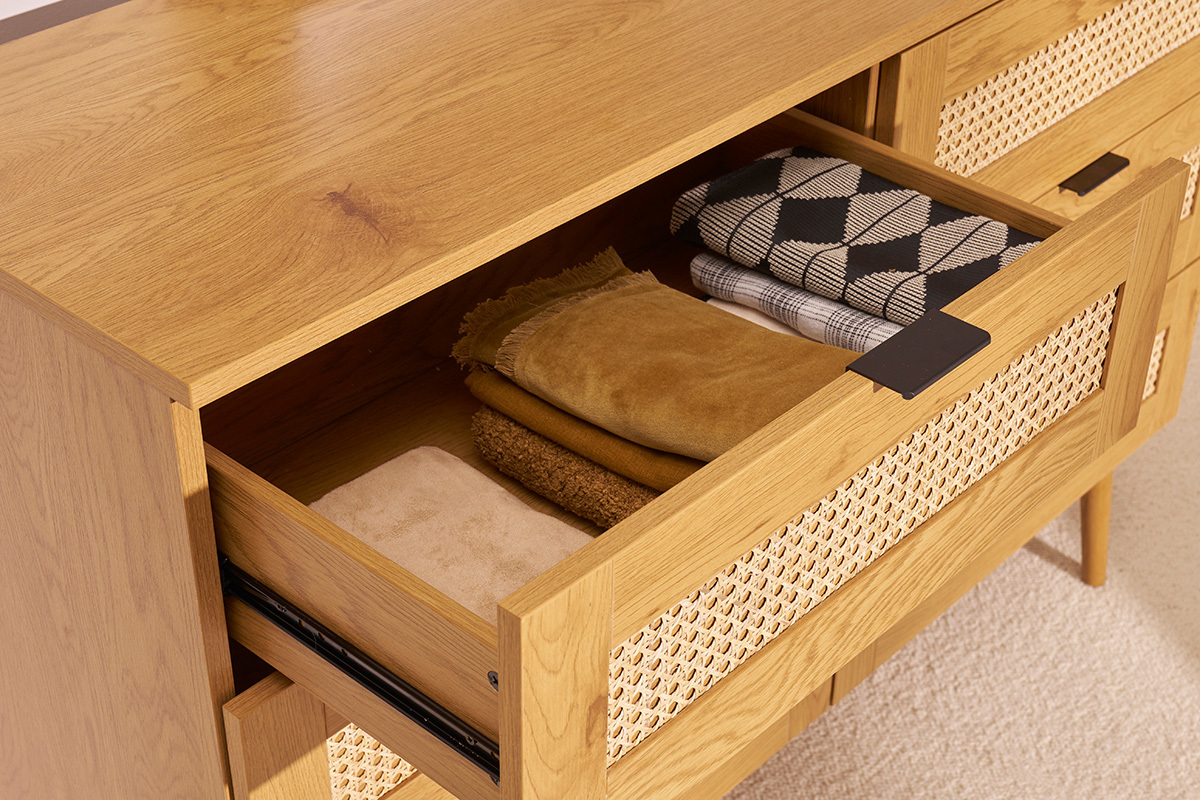 Kommode mit heller Holzoberfl�che, Rattan und schwarzem Metall, 6 Schubladen L120 cm MANILLE