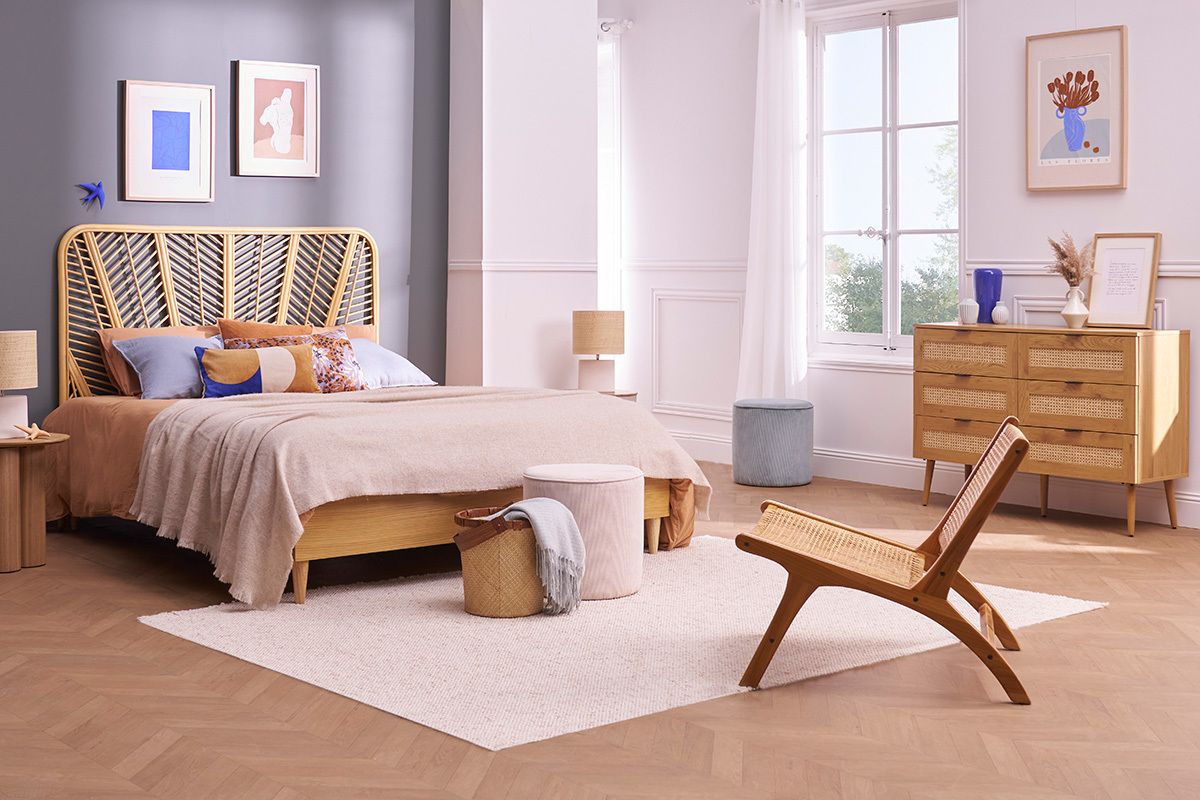 Kommode mit heller Holzoberfl�che, Rattan und schwarzem Metall, 6 Schubladen L120 cm MANILLE