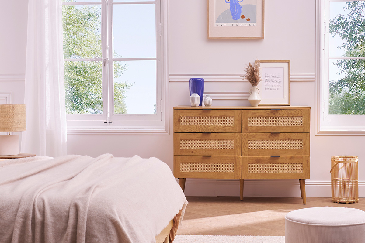 Kommode mit heller Holzoberfl�che, Rattan und schwarzem Metall, 6 Schubladen L120 cm MANILLE