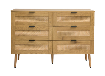 Kommode mit heller Holzoberfl&auml;che, Rattan und schwarzem Metall, 6 Schubladen L120 cm MANILLE