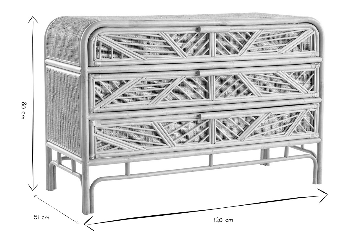 Vintage-Kommode aus Rattan mit 3 Schubladen, Ma�e B120 x T51 x H80 cm, Dreiviertelansicht, in Schwarz-Wei�.
