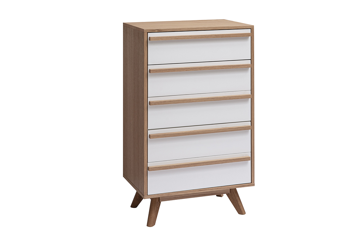 Skandinavische Kommode HELIA mit 5 Schubladen, wei� und helles Holz, Ansicht 3/4.