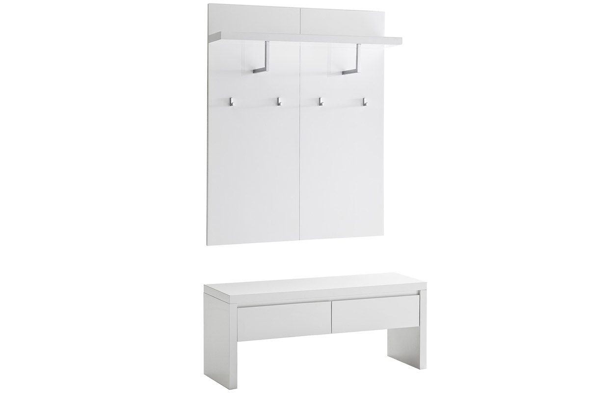 Kommode wei� lackiert mit Sitzbank 2 Schubladen und Regal mit Garderobe WELCOME