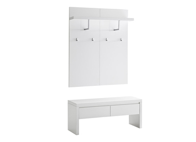 Kommode weiß lackiert mit Sitzbank 2 Schubladen und Regal mit Garderobe WELCOME - Kommode weiß lackiert mit Sitzbank 2 Schubladen und Regal mit Garderobe WELCOME