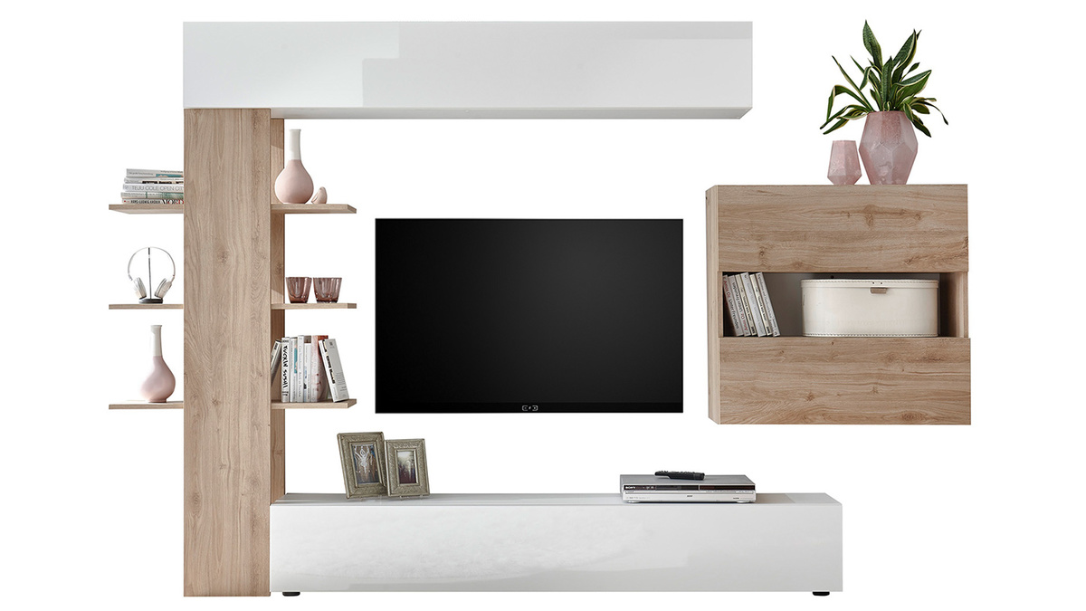 Komposition TV-Wandelemente helles und weies Holzfinish ETERNEL