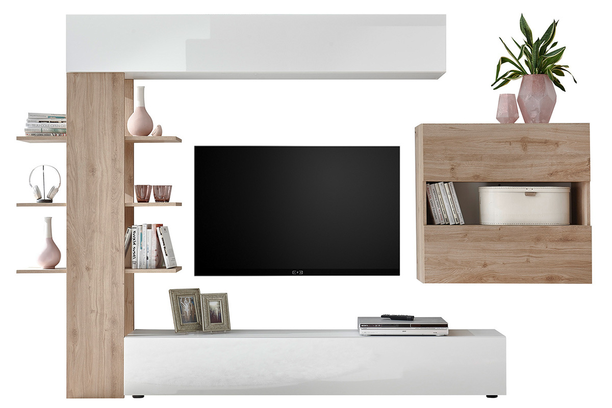 Komposition TV-Wandelemente helles und weies Holzfinish ETERNEL