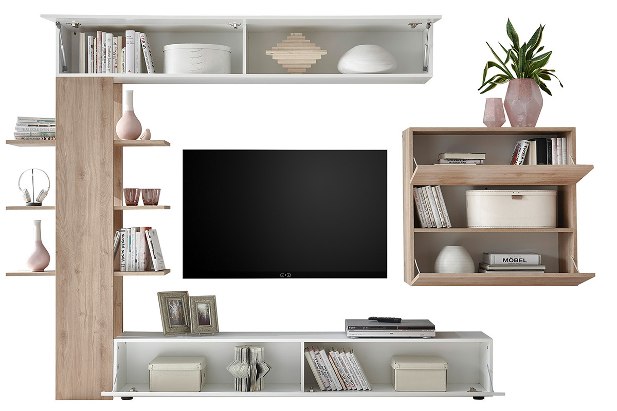 Komposition TV-Wandelemente helles und weies Holzfinish ETERNEL
