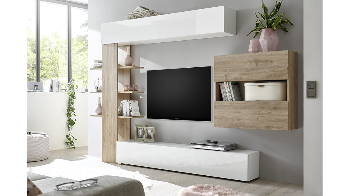 Komposition TV-Wandelemente helles und weies Holzfinish ETERNEL