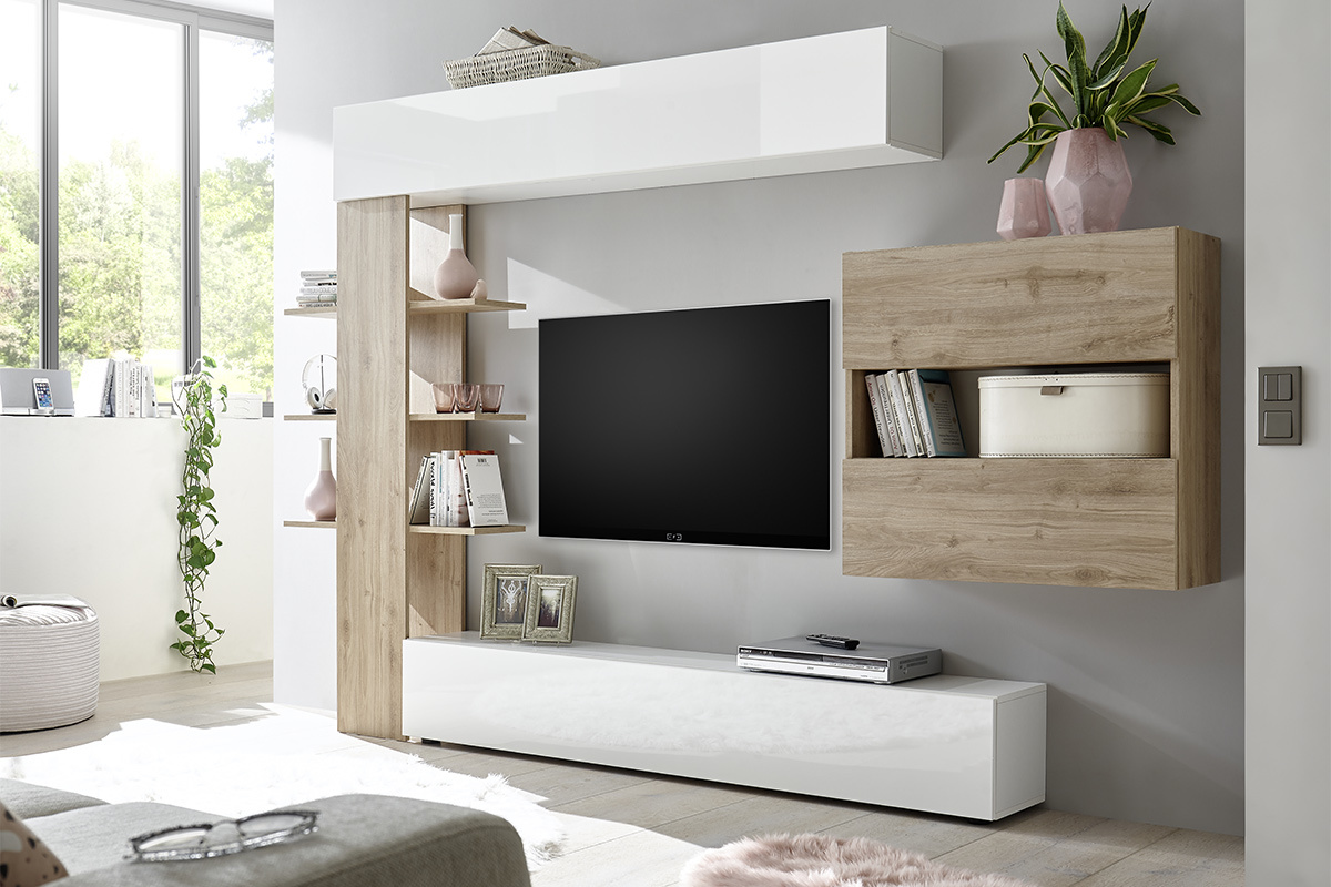 Komposition TV-Wandelemente helles und weies Holzfinish ETERNEL