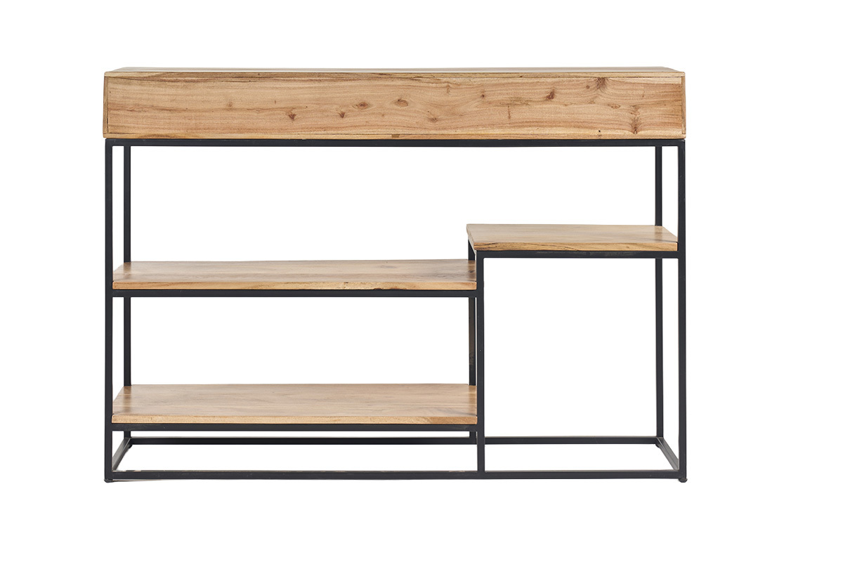 Industriekonsole aus Akazienholz und schwarzem Metall, R�ckansicht.