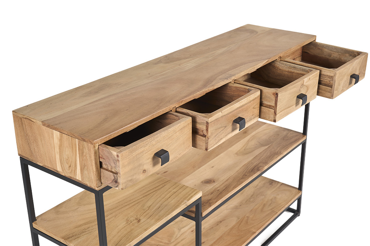 Industrielle Konsole aus Akazienholz und schwarzem Metall mit 4 offenen Schubladen, Ansicht von 3/4.