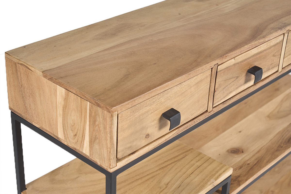 Industrielle Konsole aus Holz und Metall mit 4 Schubladen und Regalen, vergr��erte Ansicht.