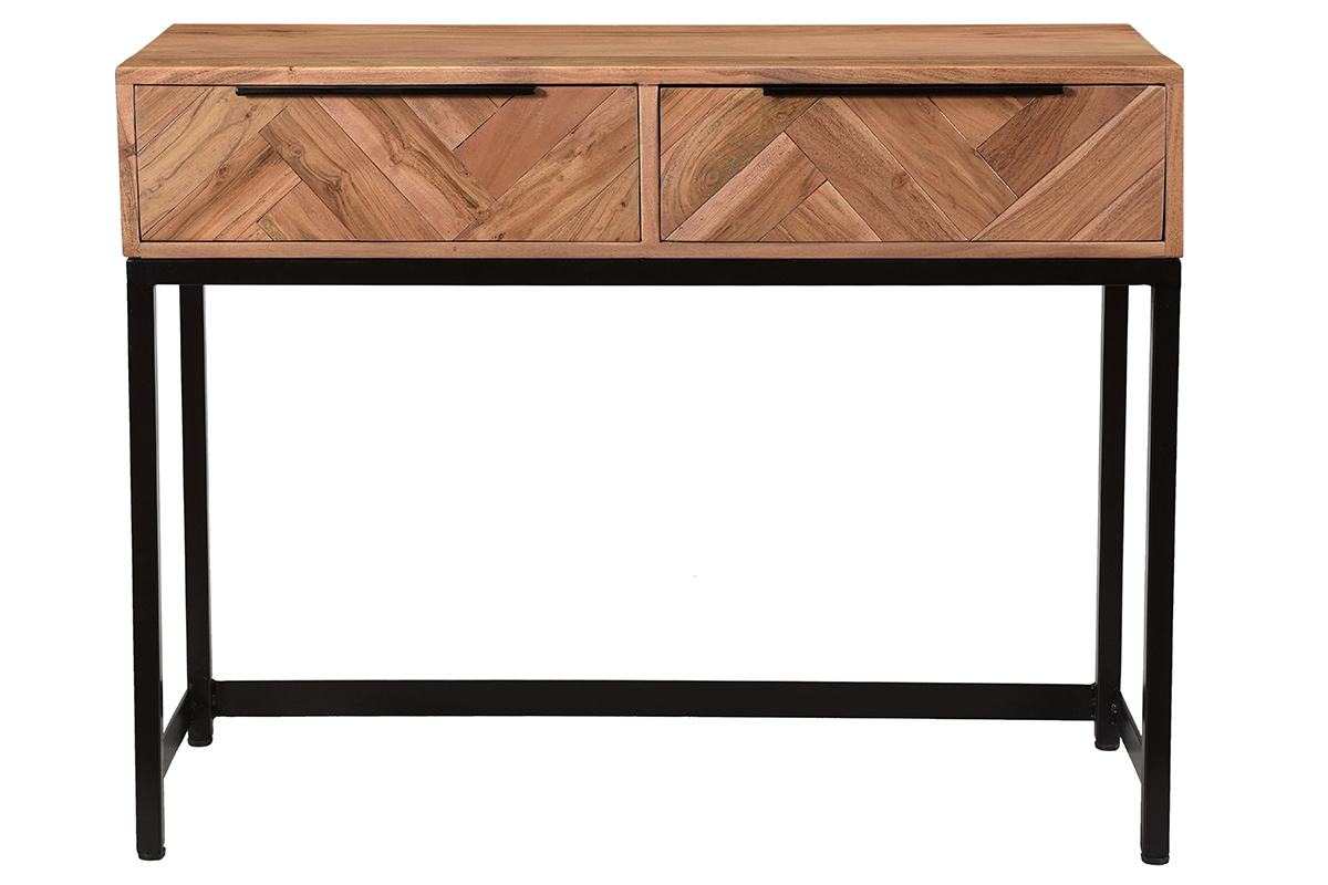 Konsole aus Akazienholz und Metall schwarz 2 Schubladen L100 cm STICK