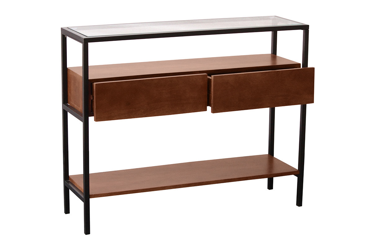Konsole aus dunklem Mango-Massivholz mit Glasplatte und 2 Schubladen, 3/4-Ansicht.