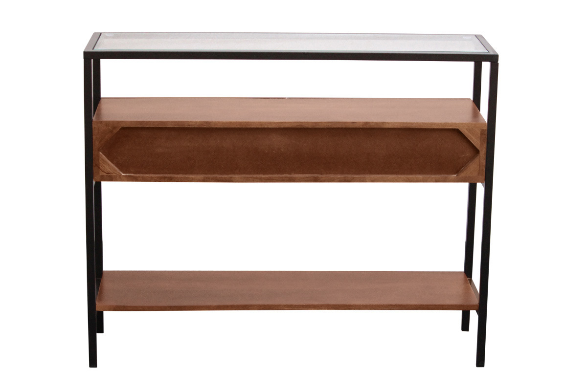 Konsole aus dunklem Mangoholz mit Glasplatte, R�ckansicht, 2 Schubladen, L100 cm SITA