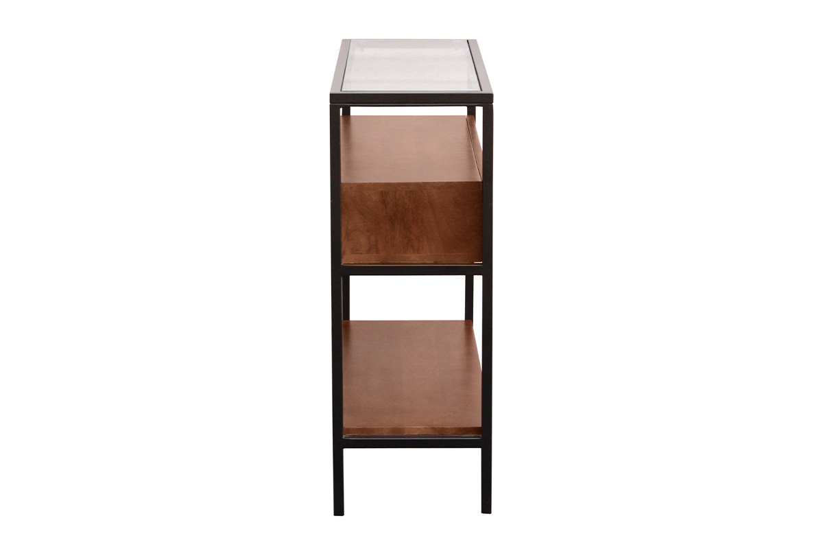 SITA-Konsole aus dunklem Holz mit Glasplatte, zwei Schubladen, Seitenansicht.
