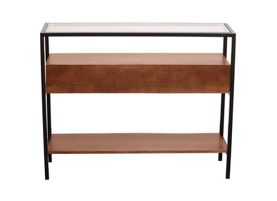 Konsole aus dunklem Massiv-Mangoholz und Glasplatte mit 2 Schubladen L100 cm SITA