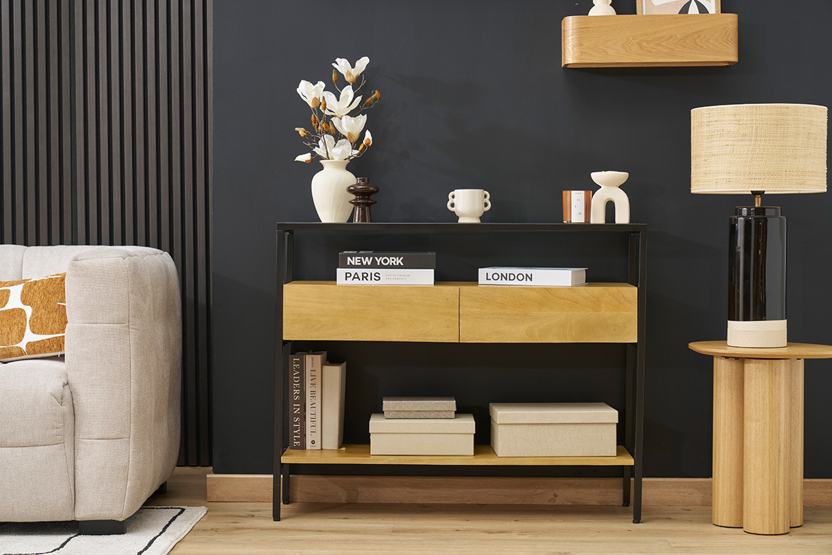 Konsole aus massivem Mangoholz und Glasplatte 2 Schubladen B100 cm SITA