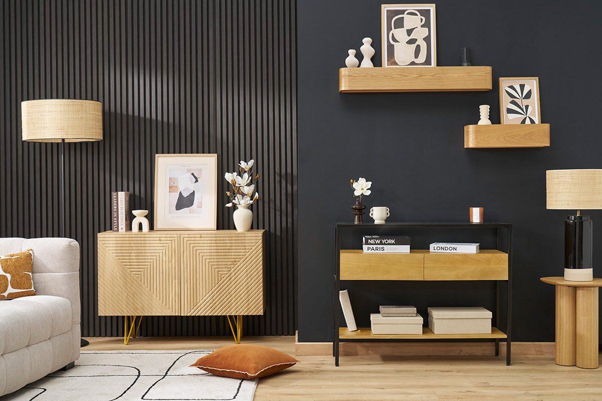 Konsole aus massivem Mangoholz und Glasplatte 2 Schubladen B100 cm SITA