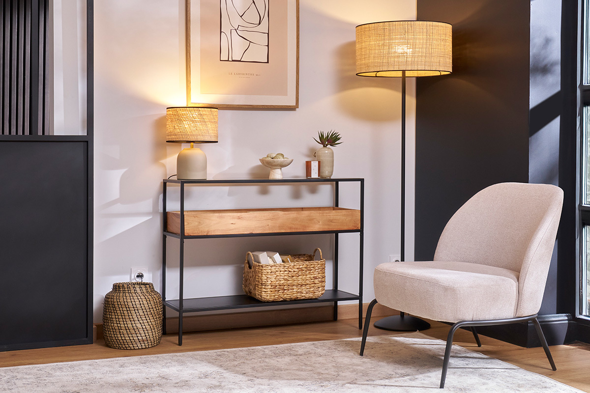 Konsole aus schwarzem Metall mit Glasplatte und Fach aus Massivholz L100 cm HAORA