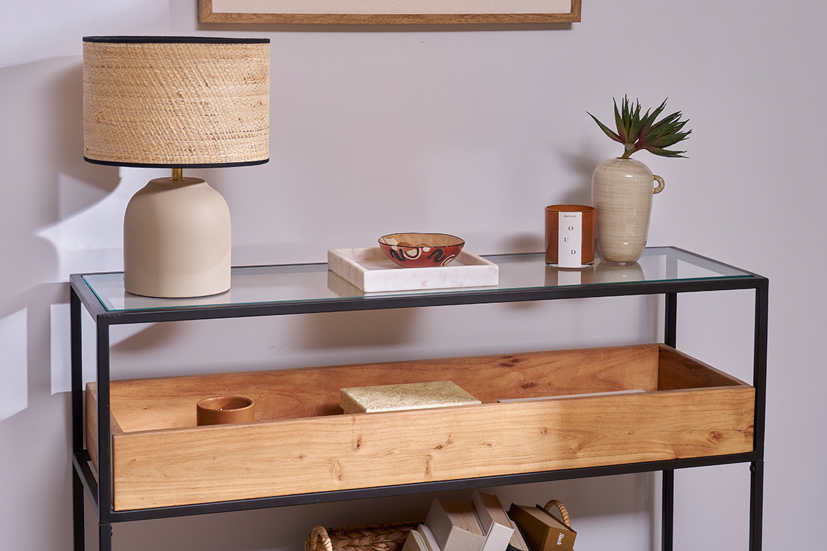 Konsole aus schwarzem Metall mit Glasplatte und Fach aus Massivholz L100 cm HAORA