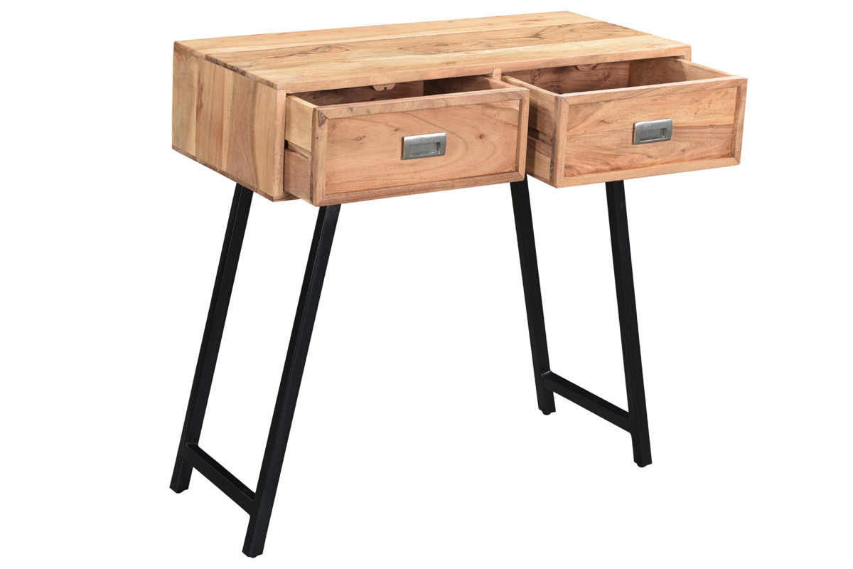 Konsole mit 2 Schubladen aus Akazienholz und schwarzem Metall L81 cm EDITION