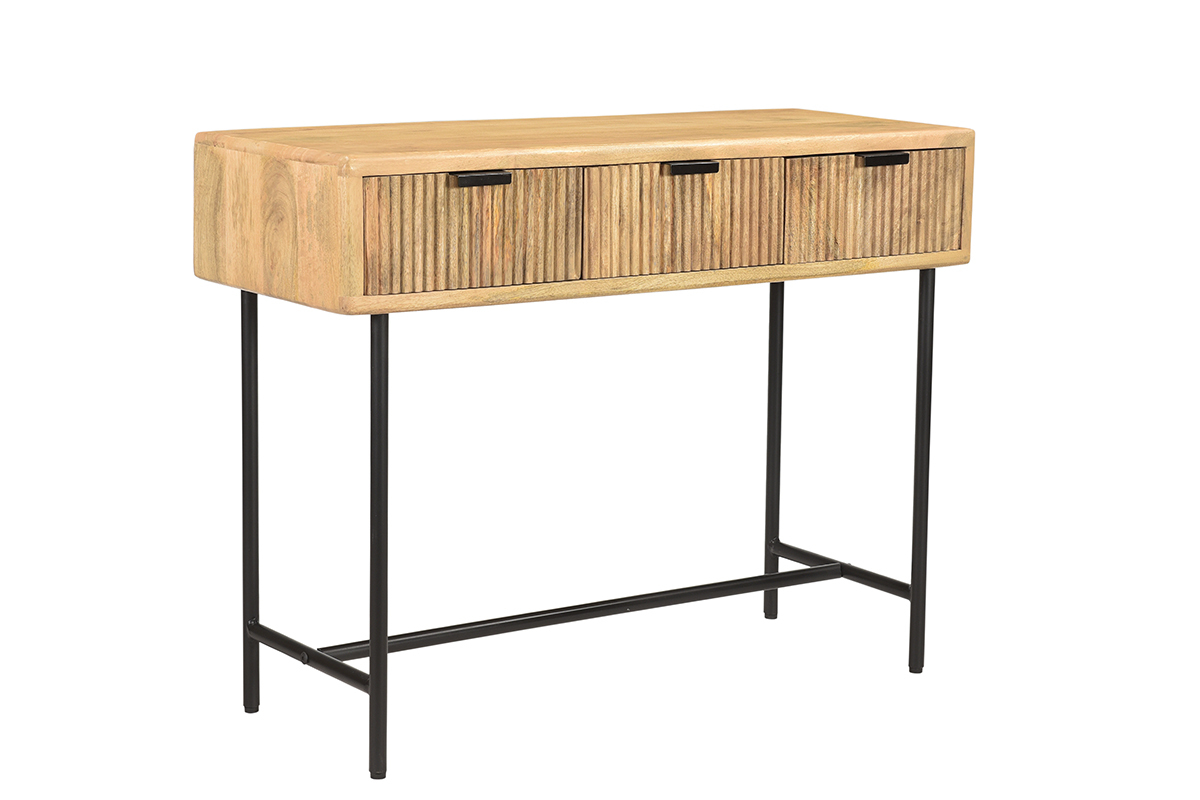 Konsole mit 3 Schubladen aus Mangoholz und schwarzem Metall B100 cm MORISSON