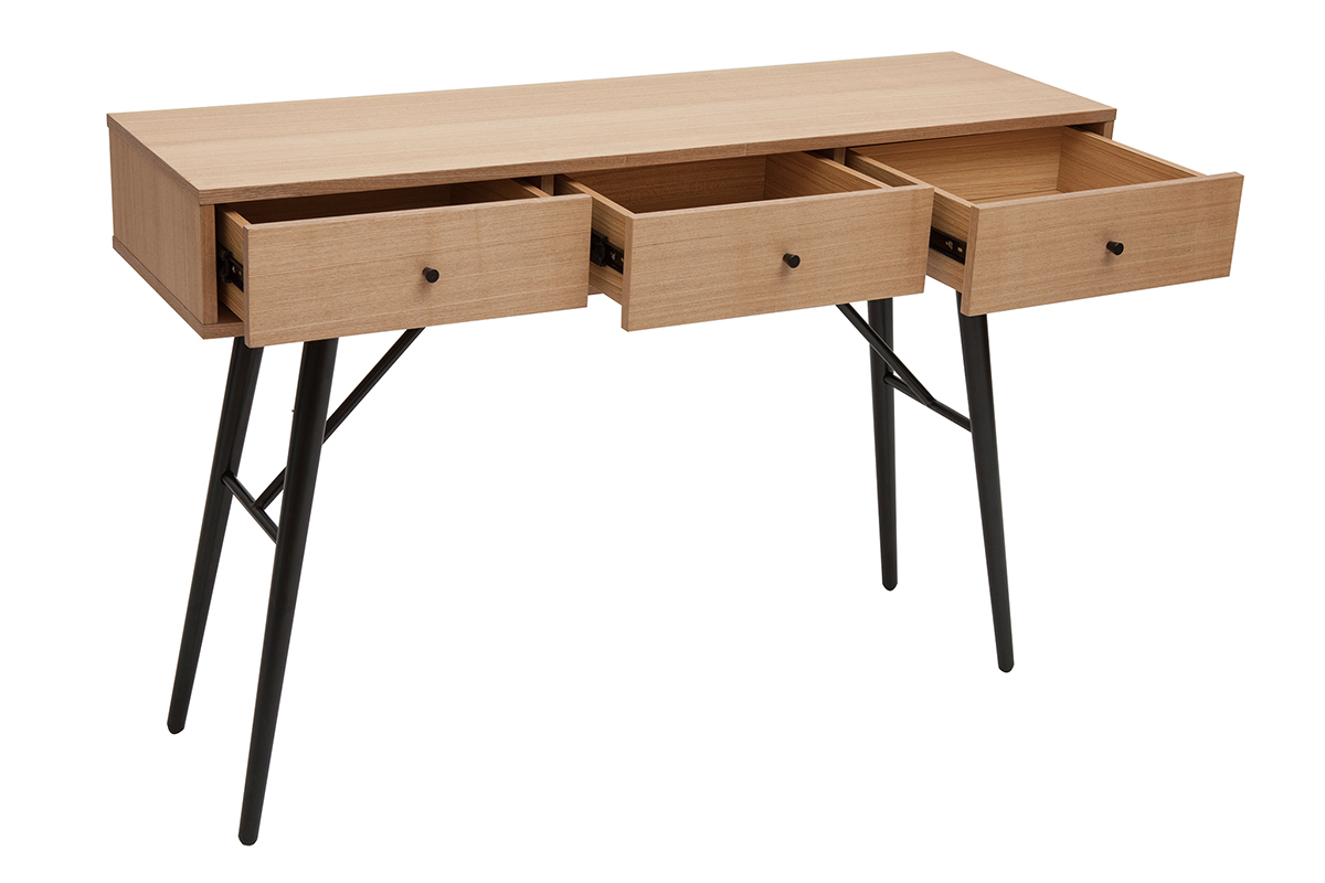 Konsole mit drei Schubladen aus hellem Holz und schwarzem Metall L120 ALSTORIA