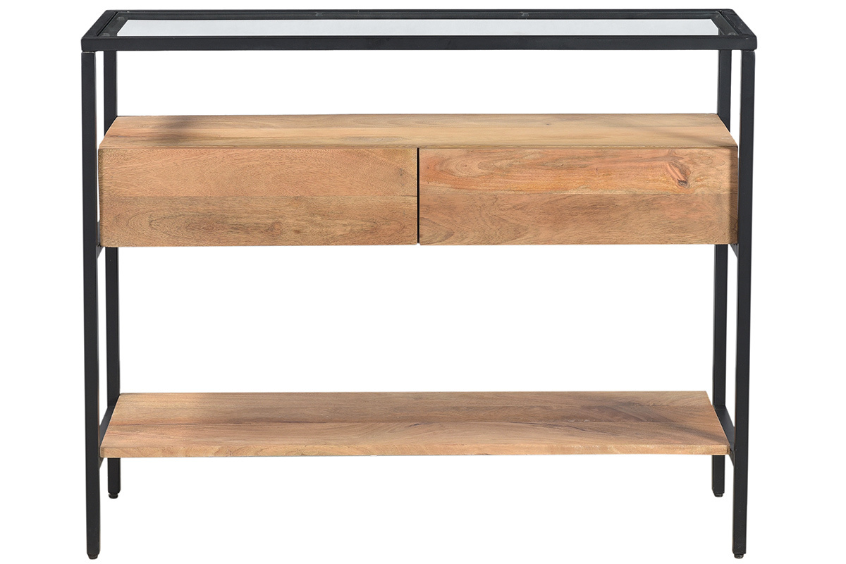 Konsole mit Glasplatte und Schubladen aus massivem Mangoholz L100 cm SITA