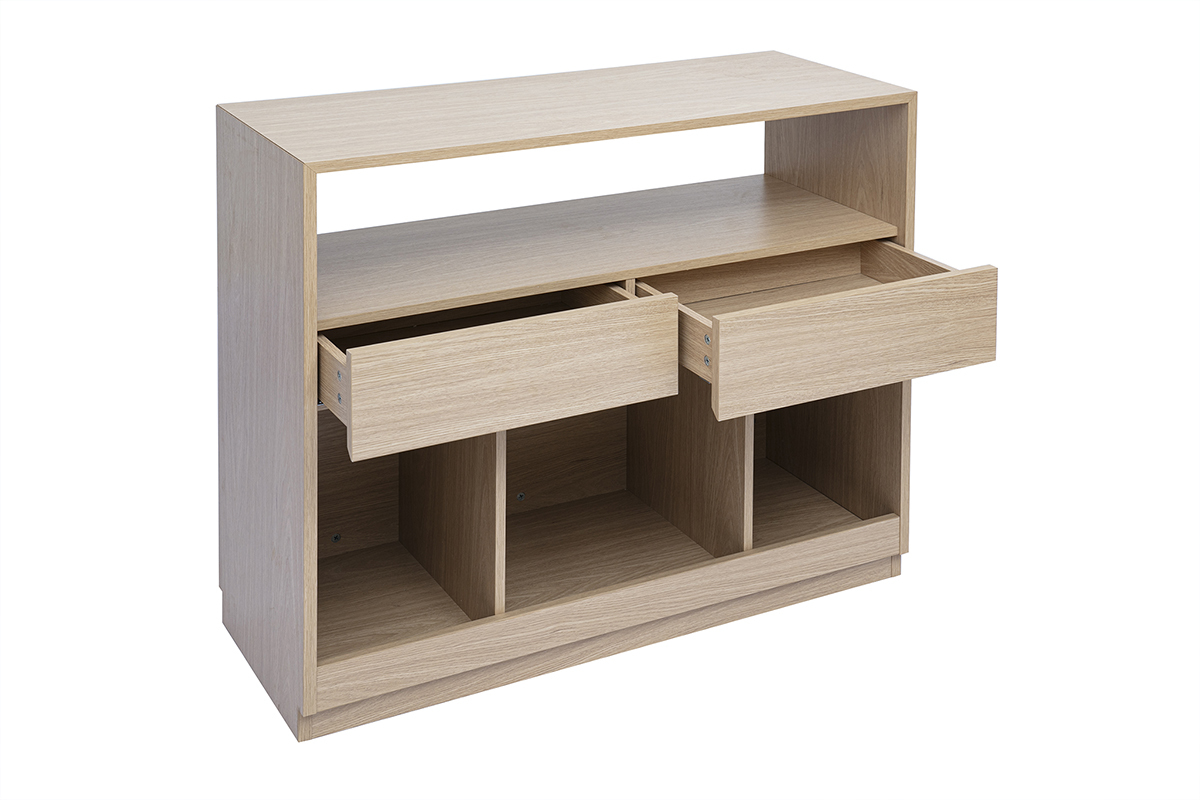 Helle Holzkonsole RUBINA mit offenen Schubladen, drei Stauf�chern. Ansicht 3/4.