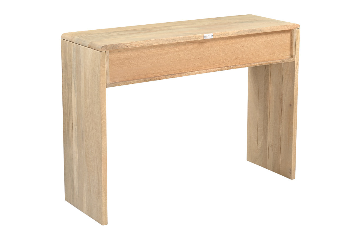 Konsole aus hellem Mangoholz, massiv, L105 cm, mit Stauraum und Schublade, R�ckansicht.