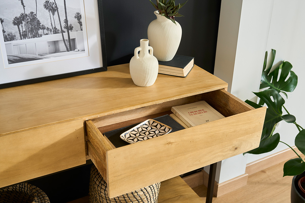 Konsolenschreibtisch Industrie-Stil Mangoholz und Metall L110 cm YPSTER