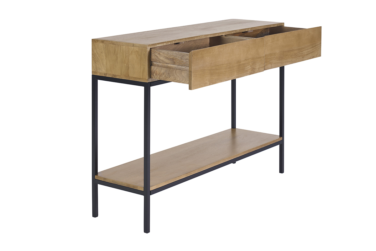 Industrielle Konsole YPSTER L110 cm mit 2 Schubladen aus Mangoholz und schwarzem Metall, Seitenansicht.