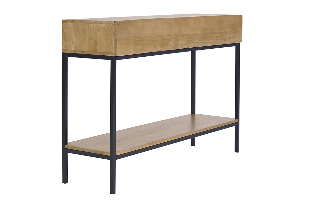 Industrielle Konsole L110 cm aus massivem Mangoholz und schwarzem Metall, 3/4-Ansicht