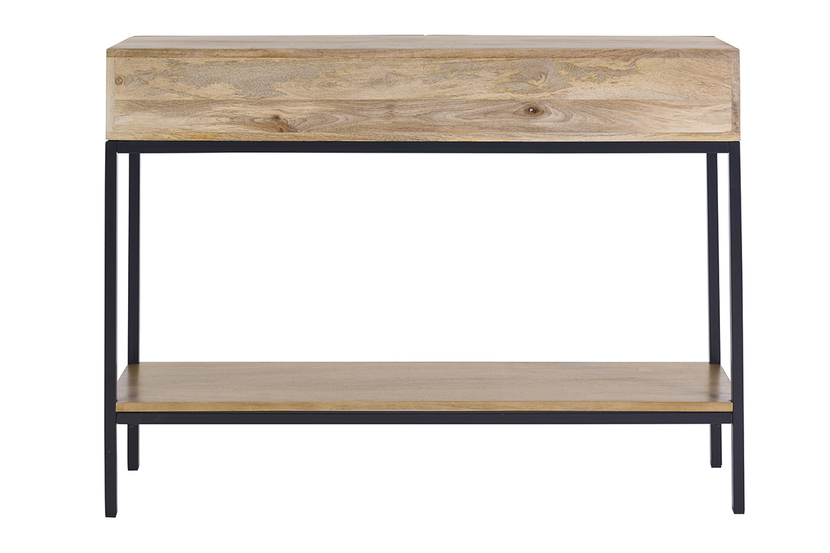 Industrielle Konsole aus massivem Mangoholz und schwarzem Metall, 2 Schubladen, R�ckansicht.