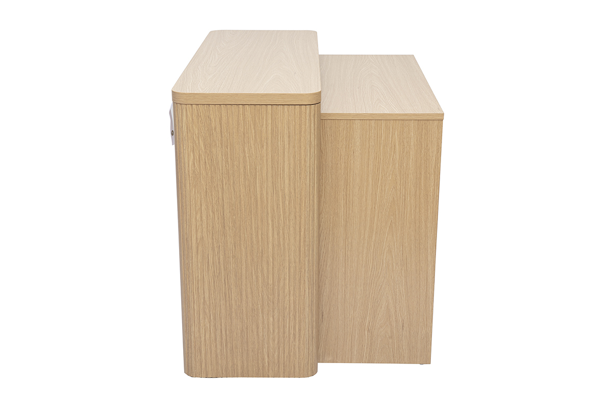 Helles Eichenholz-Konsole mit Schubladen, Seitenansicht.