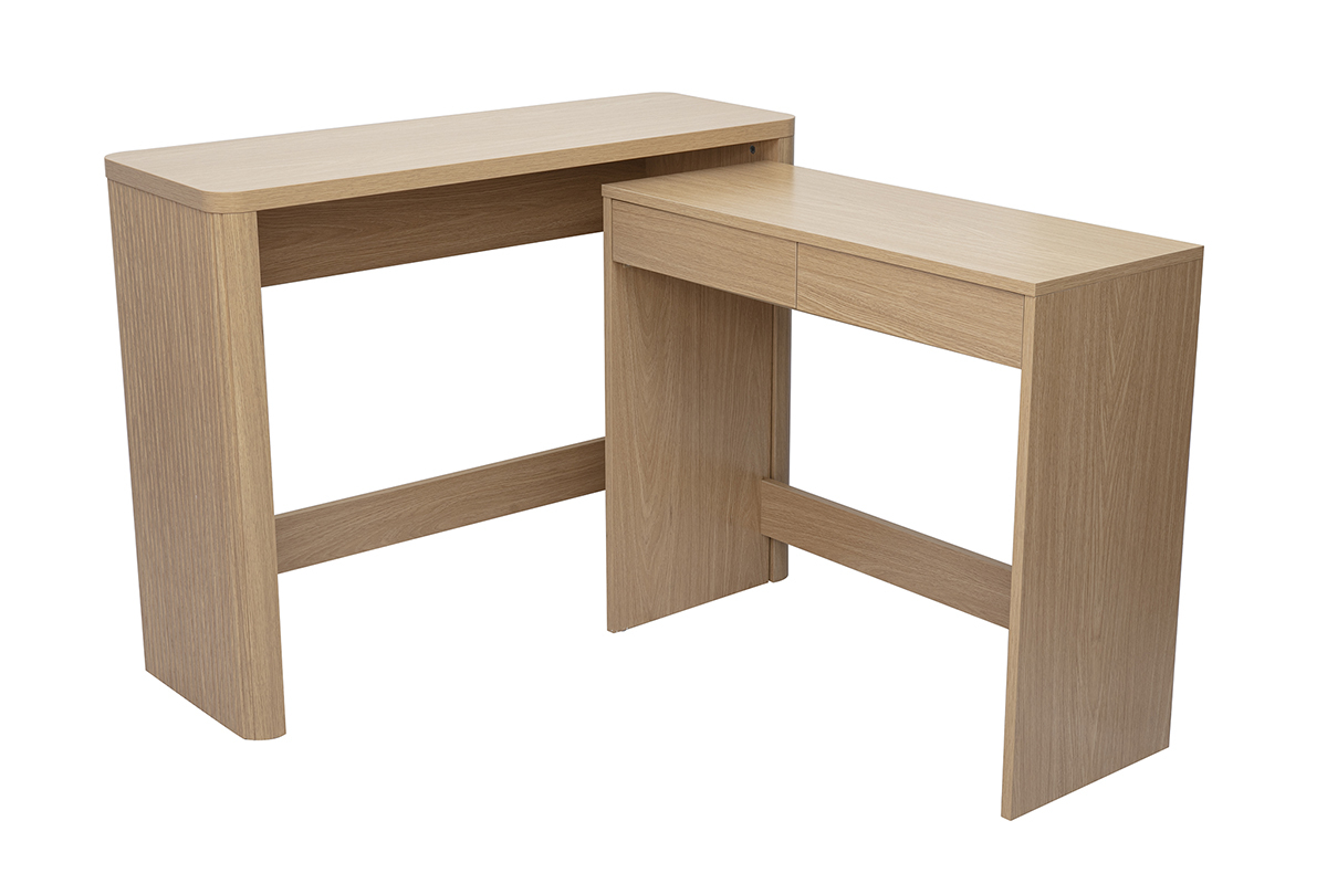 Schreibtischkonsole ENOLA mit Schubladen aus hellem Eichenholz, Ansicht 3/4.